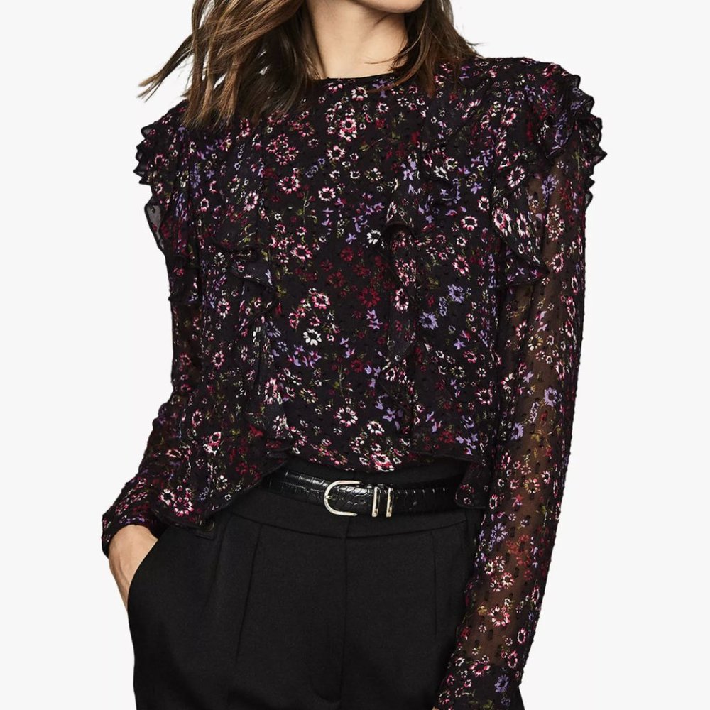 Reiss Faiza Sheer Ruffle Top UK 8 / US XS/4
